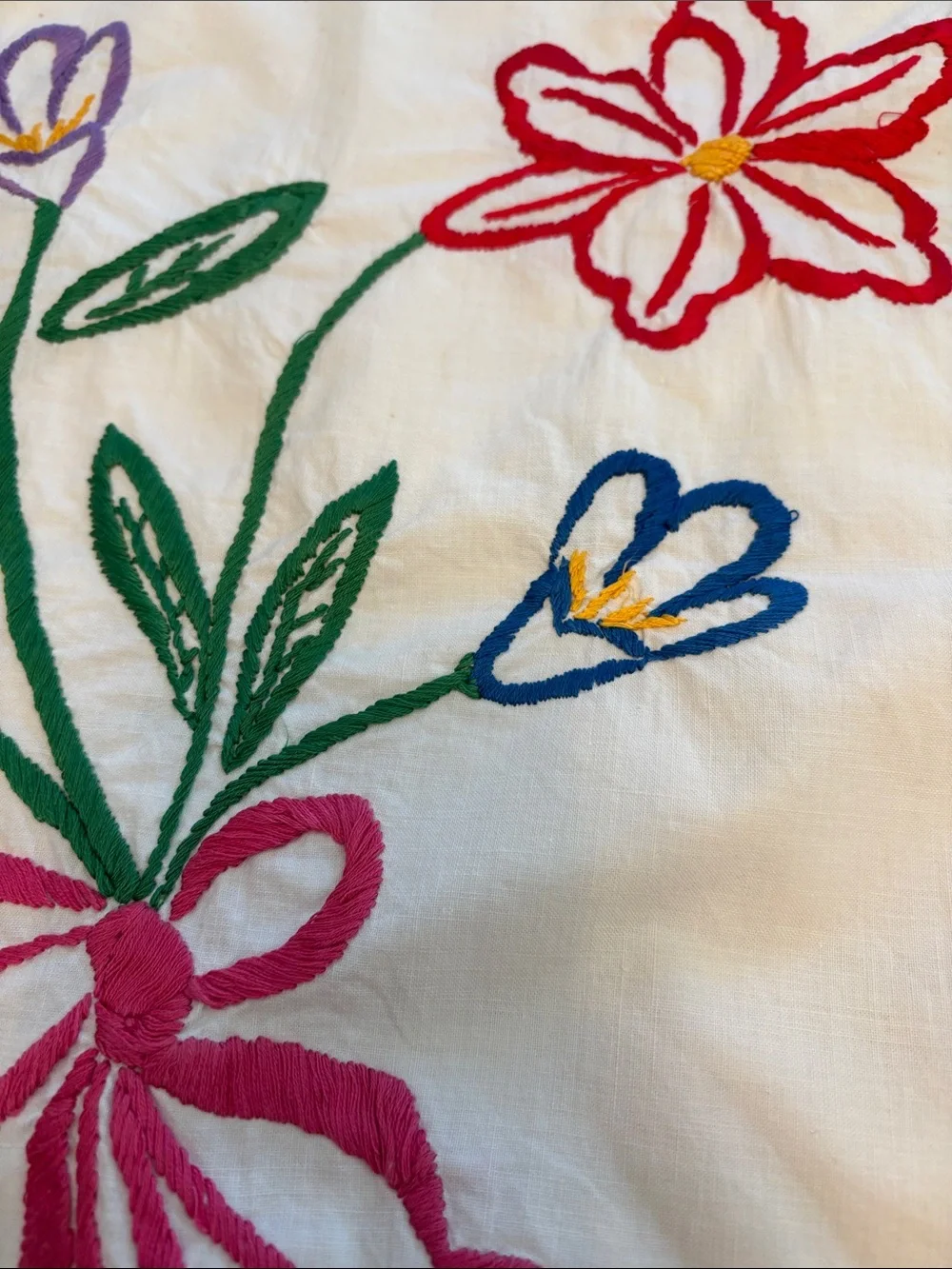 Vintage Embroidered Floral Pillow Sham White with Pink, Red, Green, Blue Accents